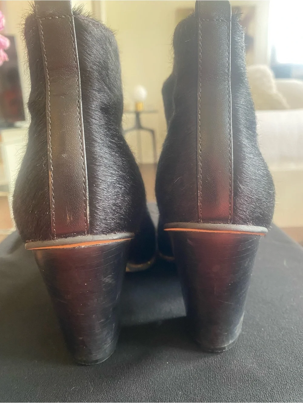 Women's Black Calfhair Ankle Boots with Gold Zipper